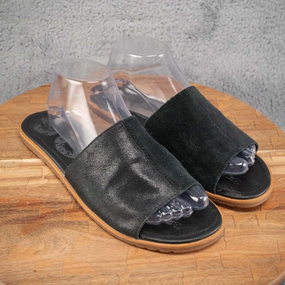 Women's SOREL Black Metallic Leather Block Slides Sandals Size 9